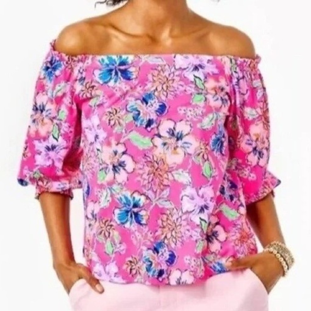 Lilly Pulitzer Women's Lessa Off-The-Shoulder Top Pink Isle Last Bud Not Least S